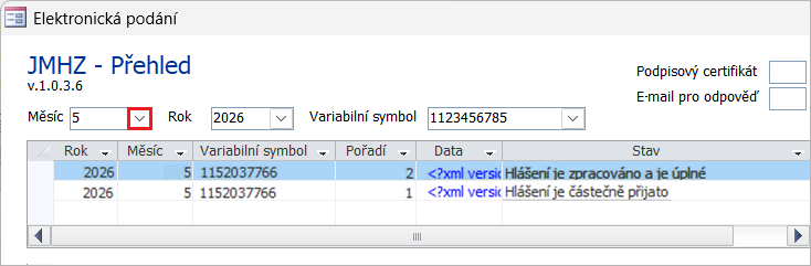 Dialog JMHZ – Přehled (podání) s přehledem záznamů za zvolené období a zvýrazněným polem Měsíc pro změnu sledovaného období. Snímek obrazovky je ilustrační.