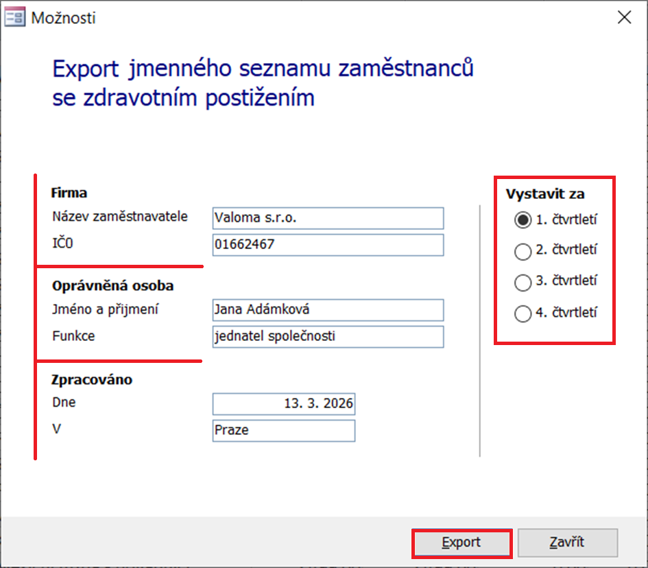 Export jmenného seznamu zaměstnanců se zdravotním postižením. Snímek obrazovky je ilustrační. Export jmenného seznamu zaměstnanců se zdravotním postižením. Snímek obrazovky je ilustrační.