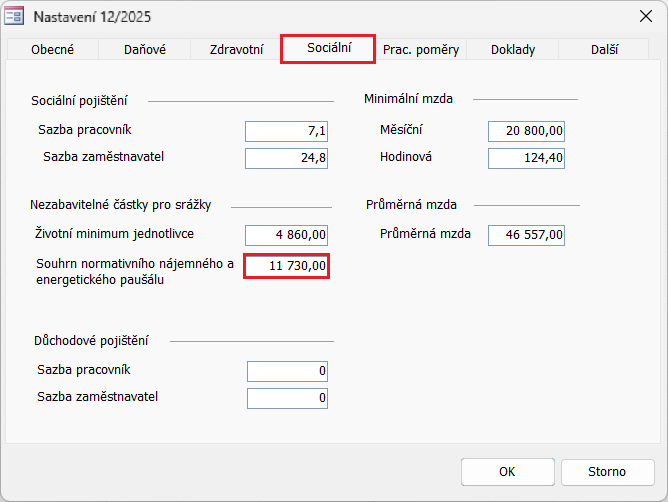 Aktuální hodnotu souhrnu normativního nájemného a energetického paušálu 11 730 Kč lze doplnit v dialogu Nastavení 12/2025 také ručně