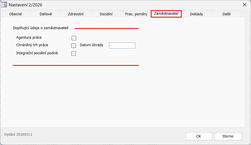 Nově evidované údaje pro účely JMHZ v dialogu Nastavení na nové kartě „Zaměstnavatel”. Snímek obrazovky je ilustrační.