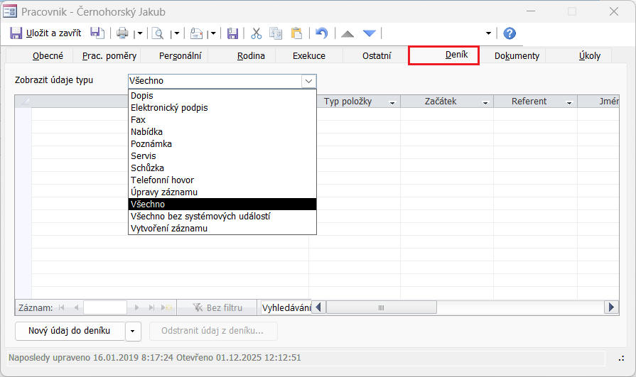 Detail záznamu Pracovník na kartě Deník a nabídka zobrazení údajů
