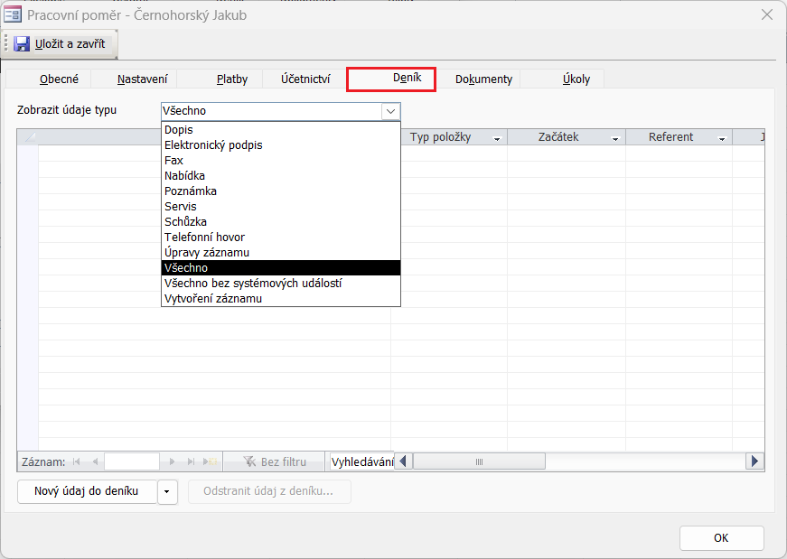 Detail záznamu Pracovní poměr na kartě Deník a nabídka zobrazení údajů