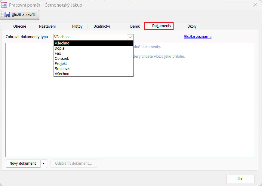 Detail záznamu Pracovní poměr na kartě Dokumenty a nabídka zobrazení údajů Detail záznamu Pracovní poměr na kartě Dokumenty a nabídka zobrazení údajů