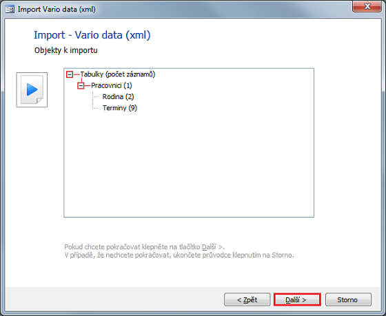 Dialog Import Vario data (xml) a objekty k importu (počet importovaných záznamů)