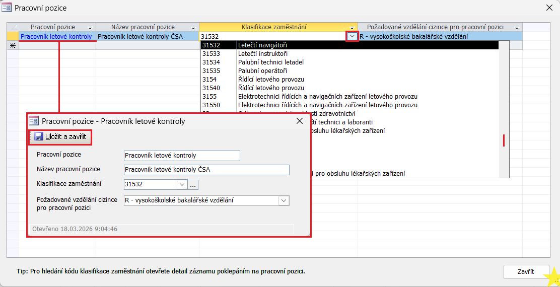 Příklad dialogu „Pracovní pozice” s průběhem výběru kódu klasifikace zaměstnání z číselníku