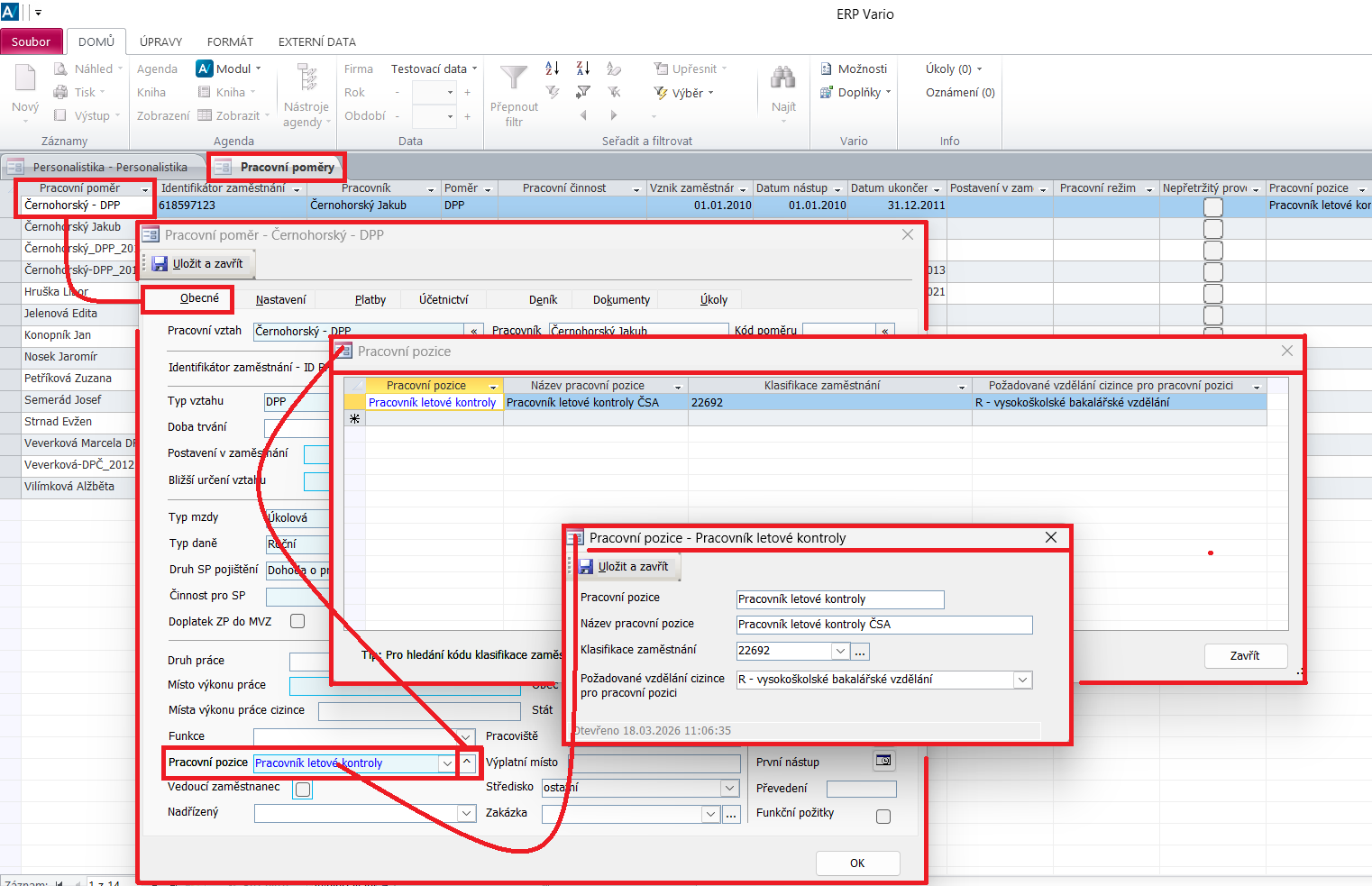 Příklad dialogu „Pracovní pozice” s průběhem výběru kódu klasifikace zaměstnání z číselníku z detailu pracovní pozice v dialogu Pracovní poměr Příklad dialogu „Pracovní pozice” s průběhem výběru kódu klasifikace zaměstnání z číselníku z detailu pracovní pozice v dialogu Pracovní poměr
