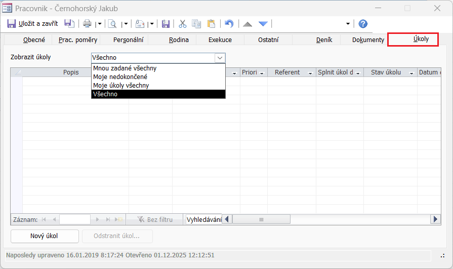 Detail záznamu Pracovník na kartě Úkoly a nabídka zobrazení úkolů