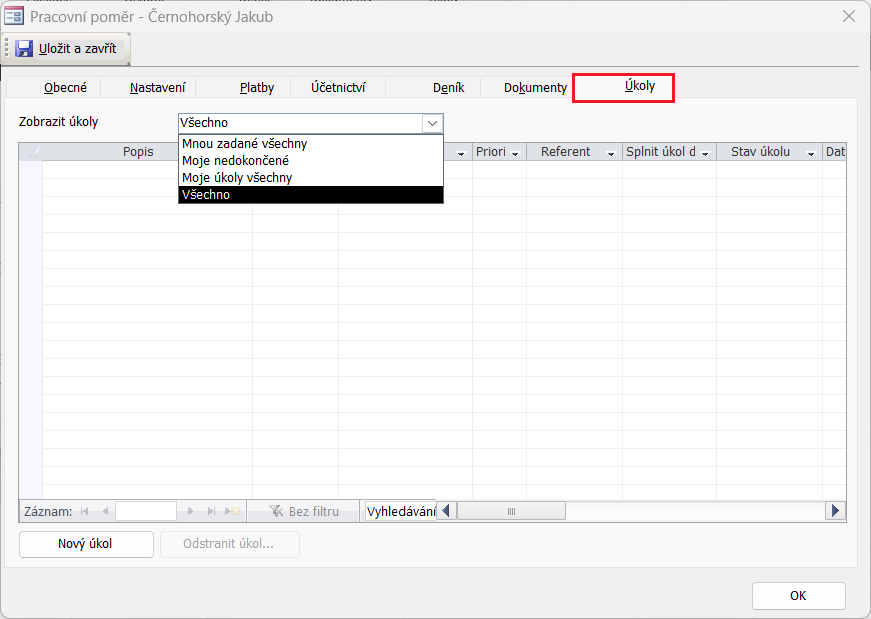 Detail záznamu Pracovní poměr na kartě Úkoly a nabídka zobrazení úkolů