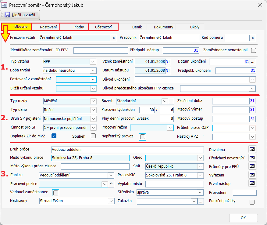 Dialog Pracovní poměr na kartě Obecné. Světle modré podbarvení vyznačuje povinná pole.