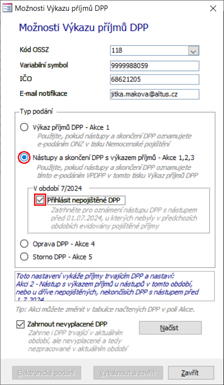 Dialog Možnosti Výkazu příjmů DPP