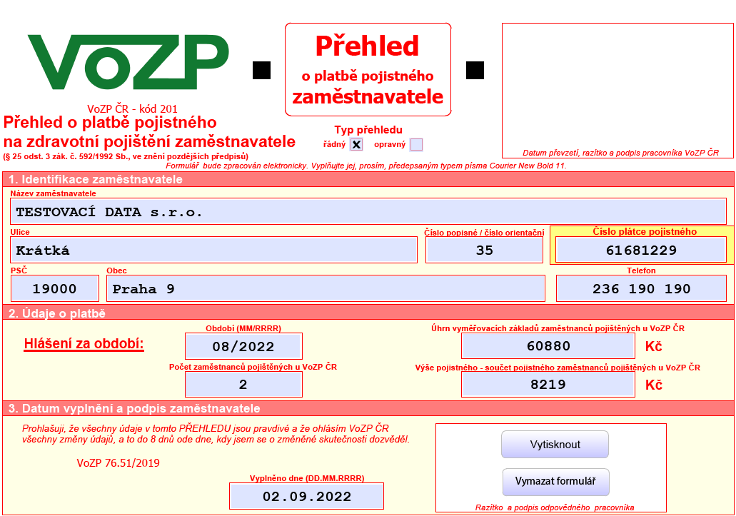 Příklad otevřeného výstupu v interaktivním formuláři PDF Přehled o platbě pojistného zaměstnavatele VoZP ČR