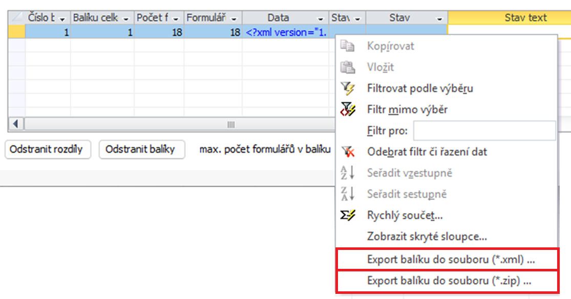 Místní nabídka nad tabulkou „Balíky” v dialogu „JMHZ – Detail podání” umožňuje export balíku do souboru ve formátu XML nebo ZIP. Snímek obrazovky je ilustrační.