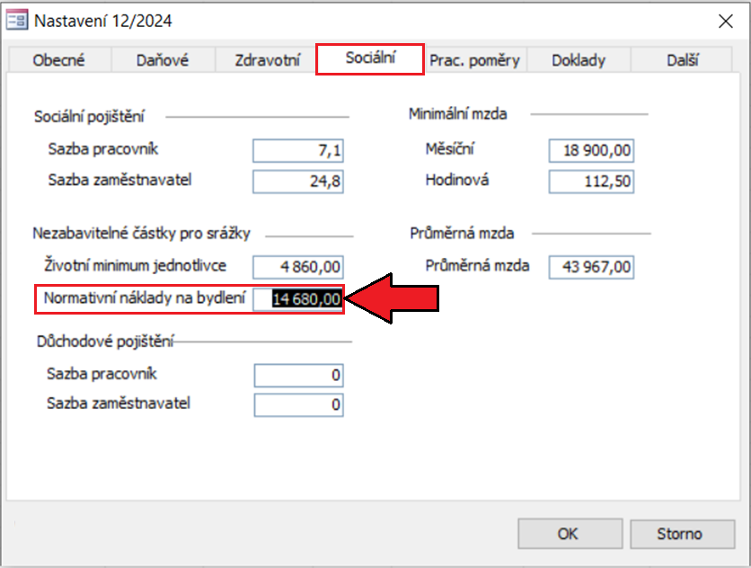 Aktuální hodnotu normativních nákladů 14 680 Kč lze doplnit v dialogu Nastavení 12/2024 také ručně