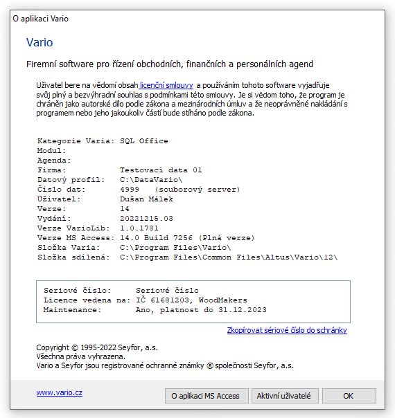 Informační okno O aplikaci Vario zobrazuje souhrnné údaje o systému Vario