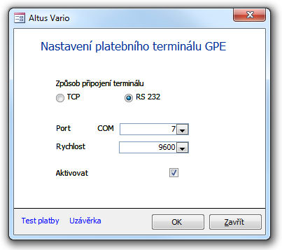 Dialog Nastavení platebního terminálu GPE s fiktivními hodnotami (RS 232)