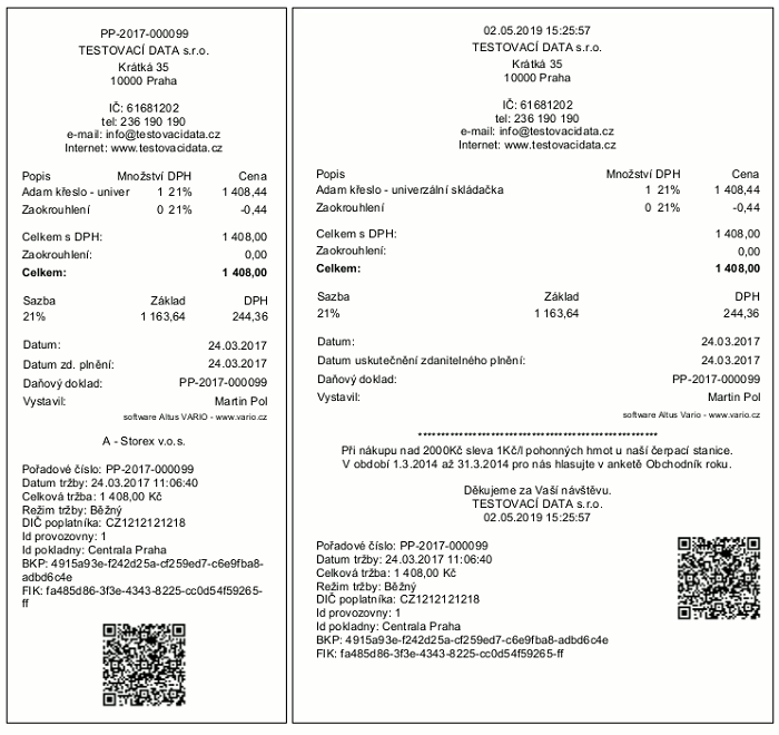 Příklady tisku QR kódu na účtenkách 60 mm a 108 mm