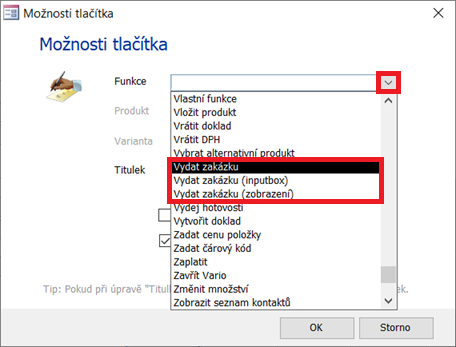 Dialog Možnosti tlačítka a nabídka funkcí tlačítka Dialog Možnosti tlačítka a nabídka funkcí tlačítka