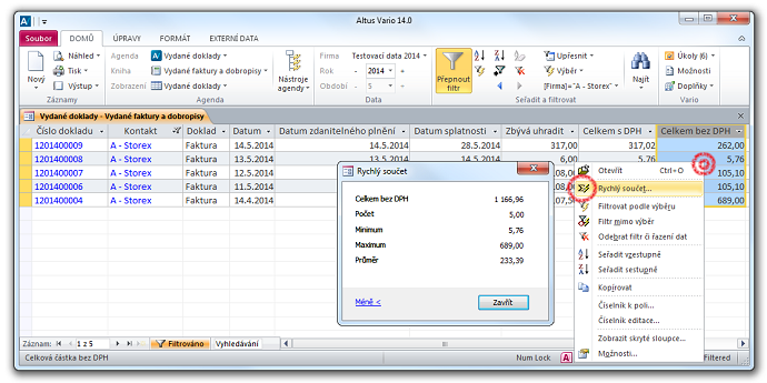 Zobrazení informací o prodeji v zobrazení tabulky agendy Vydané doklady pomocí funkce Filtrování