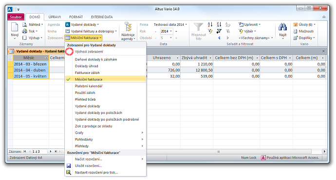 Pohled na data v tabulce agendy Vydané doklady pomocí funkce Zobrazení