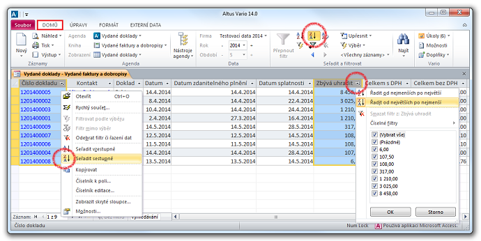 Zobrazení informací o prodeji v zobrazení tabulky agendy Vydané doklady pomocí funkce Řazení