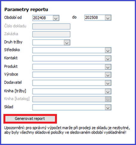 Zadání parametrů vybraného reportu před vytvořením výstupu. Snímek obrazovky je ilustrační.