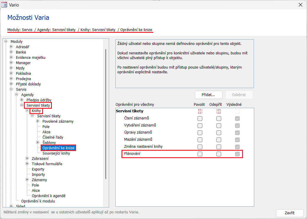 Pro možnost plánování aktivity servisního tiketu je potřeba oprávnění Plánování pro knihu servisního tiketu. Zároveň je nutné oprávnění Plánování pro knihu zdroje, který se má plánovat.