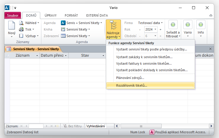 Agenda Servisní tikety a Nástroje agendy nabízí příkaz Rozdělovník tiketů…