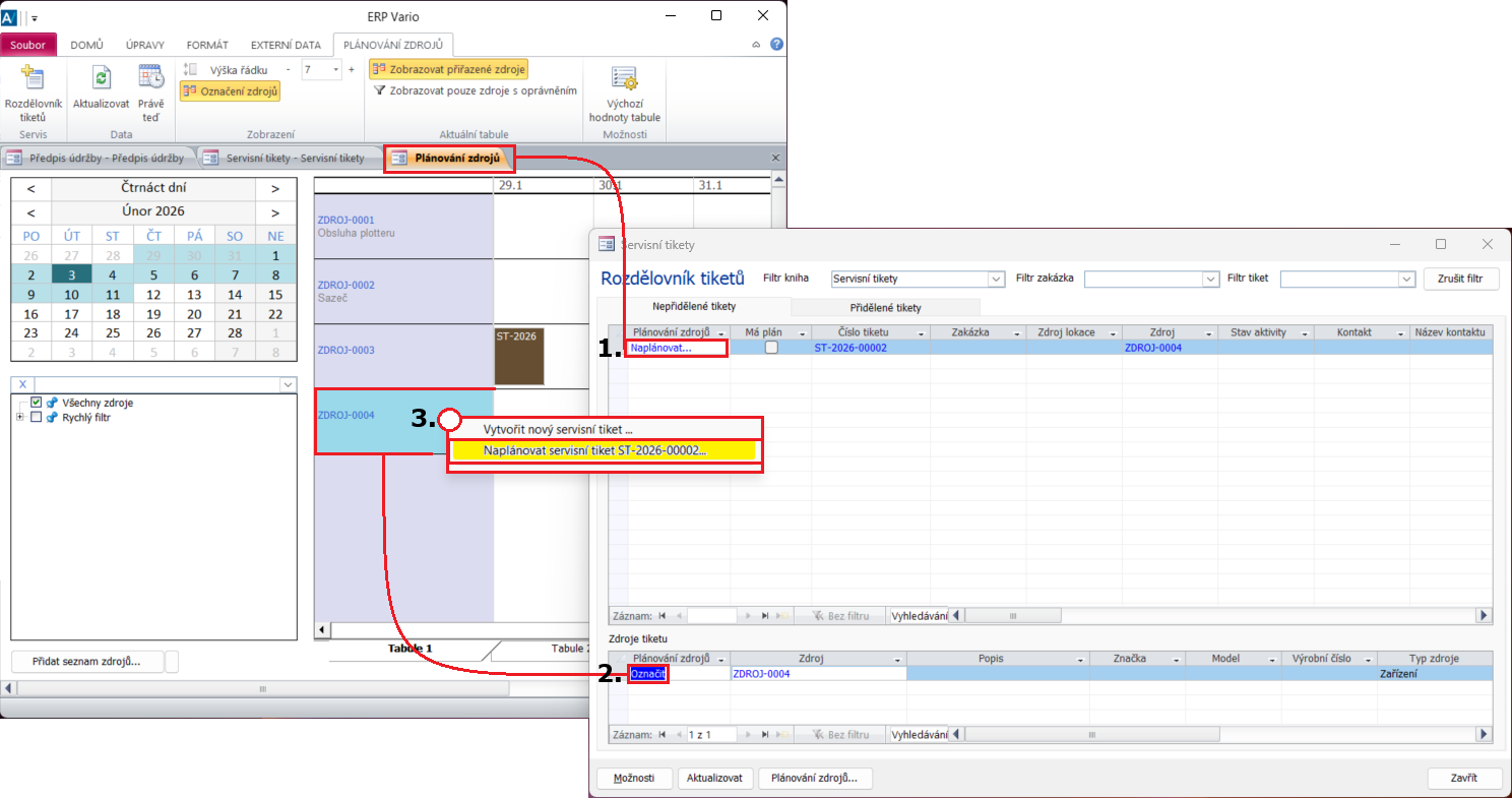 Prostředí grafického dialogu Plánování zdrojů (Plánovací tabule) a dialogu Rozdělovník tiketů