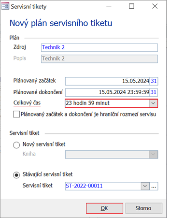 Dialog Nový plán servisního tiketu