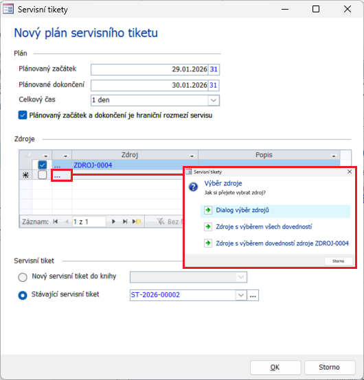Dialog Nový plán servisního tiketu