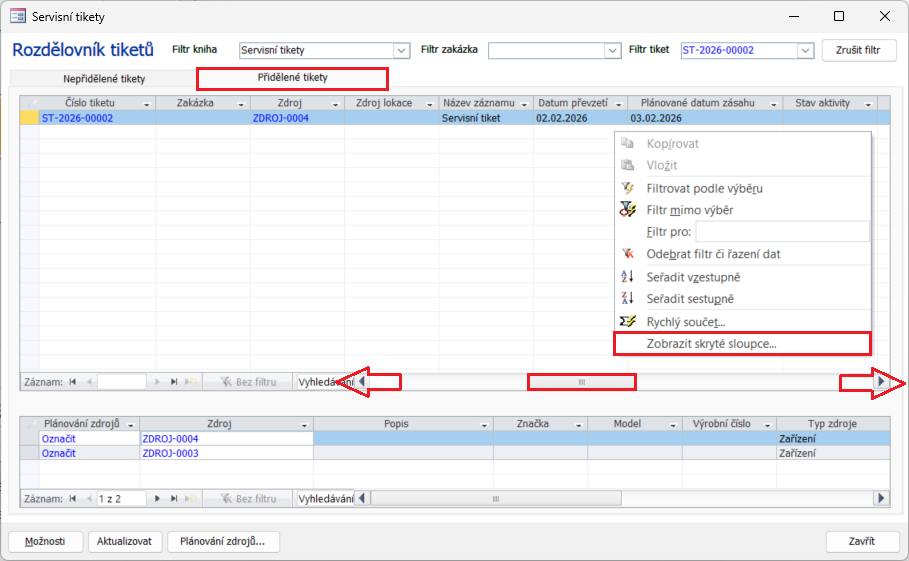 Dialog Rozdělovník tiketů – karta Přidělené tikety – v agendě Servisní tikety