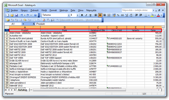 Tabulka produktů v programu MS Excel