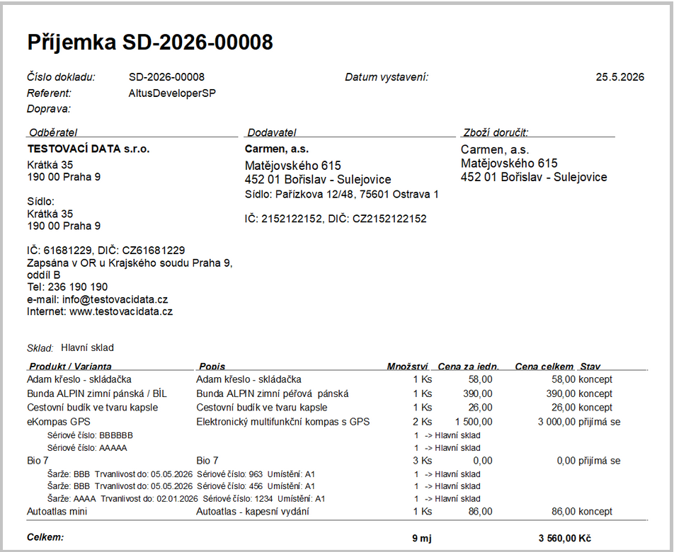 Výřez formuláře Skladový doklad s množstevními skupinami po úpravě. Snímek obrazovky je ilustrační. 