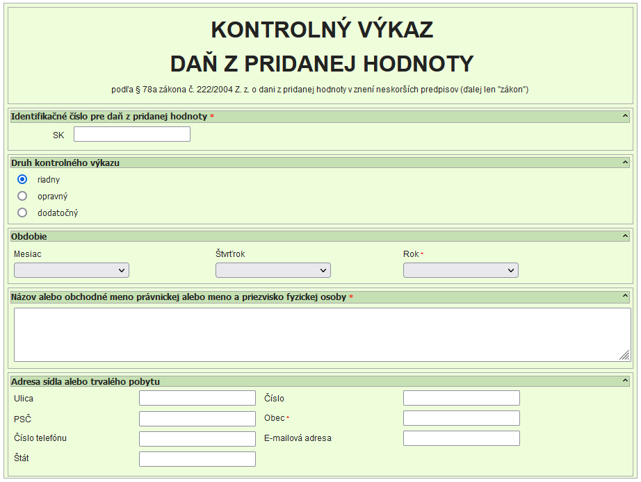 Příklad části kontrolního hlášení pro Slovensko. Formulář umožňuje pouze export do XML, případný tisk provádějte přímo z aplikace eDane
