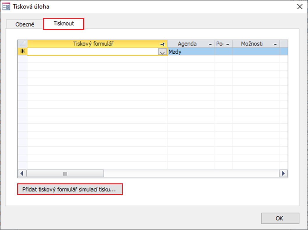 Klepnutím na tlačítko Přidat tiskový formulář simulací tisku… přidáte tiskový formulář do úlohy.