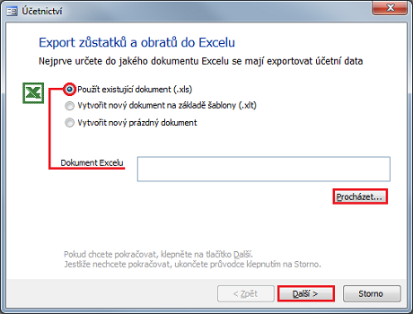 Dialog Export zůstatků a obratů do Excelu, volba Použít existující dokument (.xls)