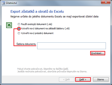 Dialog Export zůstatků a obratů do Excelu, volba Vytvořit nový dokument na základě šablony (.xlt)