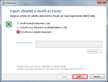Dialog Export zůstatků a obratů do Excelu, volba Vytvořit nový prázdný dokument