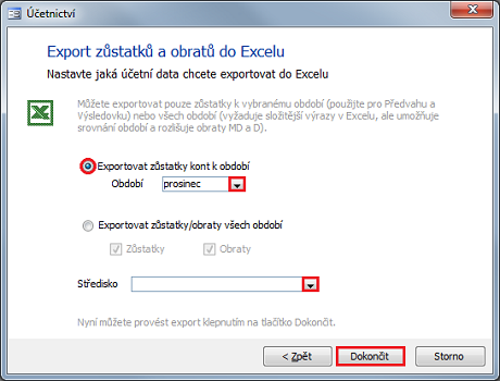 Dialog Export zůstatků a obratů do Excelu, volba Exportovat zůstatky kont k období (za středisko)