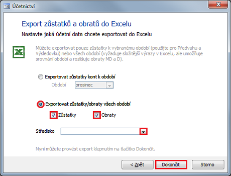 Dialog Export zůstatků a obratů do Excelu, volba Exportovat zůstatky/obraty všech období