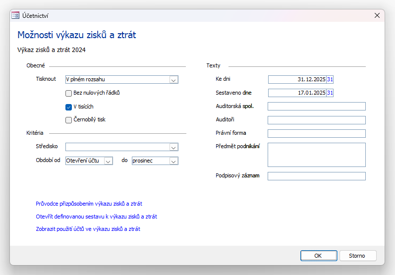 Dialog Možnosti výkazu zisků a ztrát 2024 vám usnadní tisk nové verze formuláře Výkaz zisků a ztrát 2024