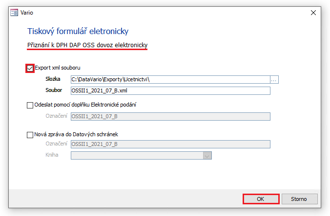 Přiznání k FPH DAP OSS elektronicky – export xml souboru