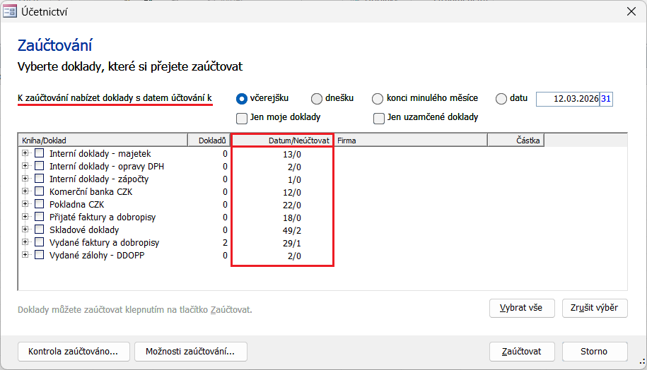 Průvodce nyní nabízí upravený titulek pro zpřesnění filtru podle data účtování a nové zobrazení sloupce Datum/Neúčtovat. Snímek obrazovky je ilustrační. Průvodce nyní nabízí upravený titulek pro zpřesnění filtru podle data účtování a nové zobrazení sloupce Datum/Neúčtovat. Snímek obrazovky je ilustrační.
