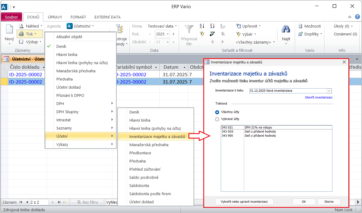 Spuštění dialogu pro nastavení parametrů tisku inventarizace majetku a závazků v agendě Účetnictví Spuštění dialogu pro nastavení parametrů tisku inventarizace majetku a závazků v agendě Účetnictví