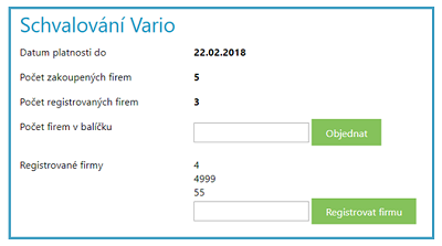 Schvalování Vario – registrovat čísla dat firem