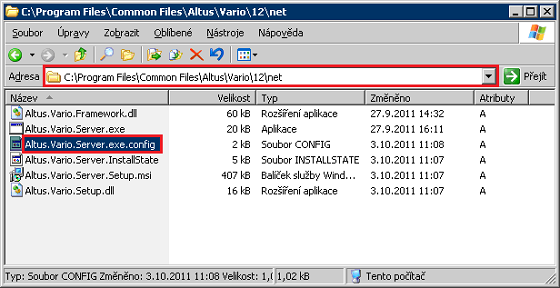 Upravte konfigurační soubor Altus.Vario.Server.exe.config