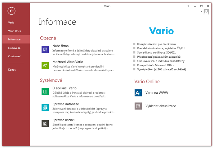 Na kartě Informace jsou seskupena tlačítka umožňující správu Varia
