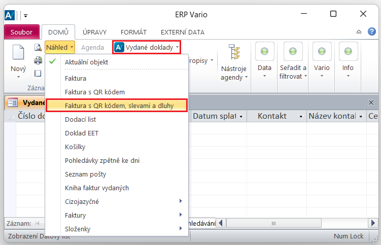 Tiskový formulář „Faktura s QR kódem, slevami a dluhy” v agendě Vydané doklady