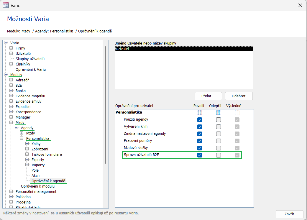 V možnostech agendy Personalistika přibylo nové oprávnění „Správa uživatelů B2E” V možnostech agendy Personalistika přibylo nové oprávnění „Správa uživatelů B2E”