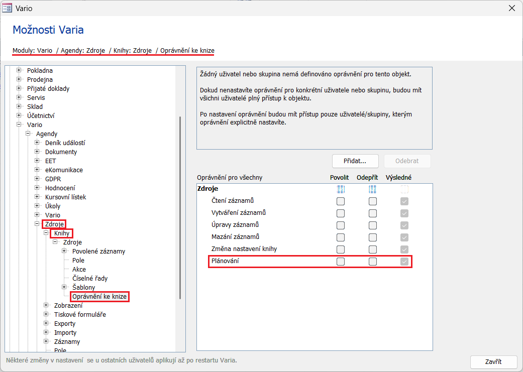 Oprávnění Plánování pro knihu zdroje, který se má plánovat
